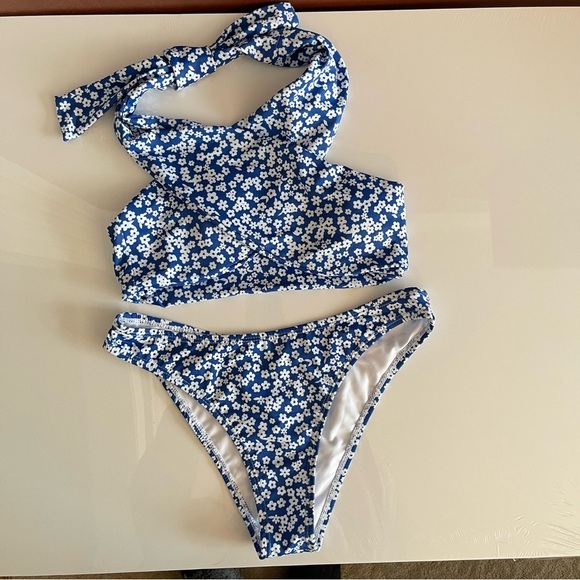 Halter Wrap Bikini Swim Top Cheeky High Waist Bikini Bottoms SET Blue M - Picture 5 of 17